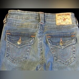 True Religion Billie Mid Rise Straight Jeans in Denim Blue with PINK 🌸 Stitching